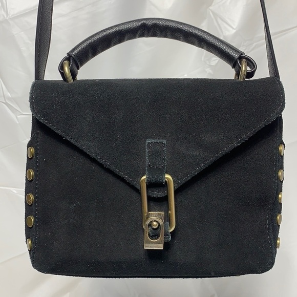 LIONEL Black Raw Leather Look Crossbody w Clasp and Brass Studs - Picture 1 of 8